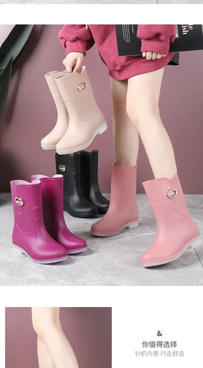 Women’s Fashion Mid-Tube Rain Boots – Wear-Resistant, Waterproof Rubber Shoes with Thick Sole, Non-Slip & Cotton Lining
