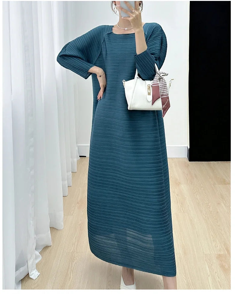 2023 Women's Miyake Pleated Long Dress – Full Sleeve, Round Neck, Korean Fashion, Plus Size Summer Style