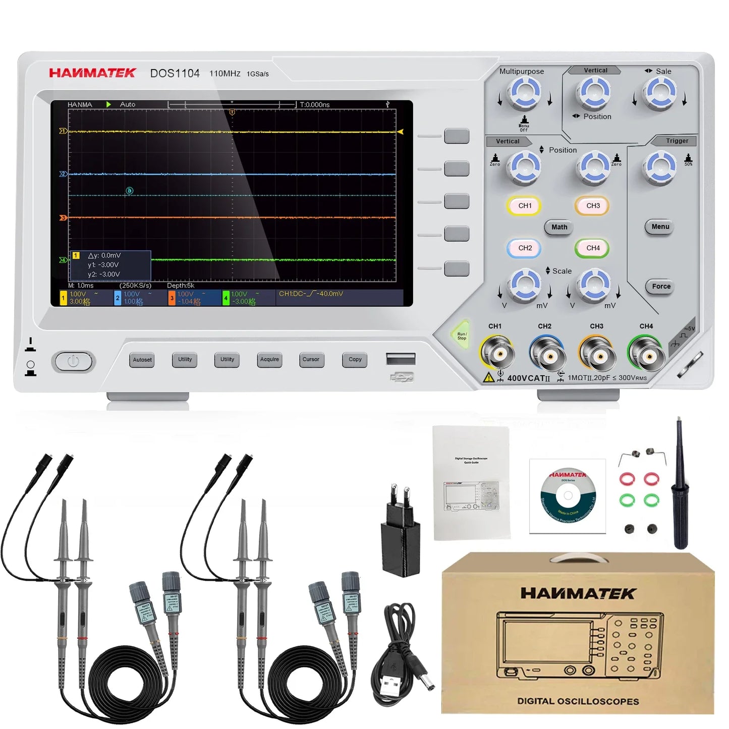 Hanmatek Digital Oscilloscope – 2/4 Channel 110MHz Bandwidth, 1GS/s Sampling Rate, 7'' TFT Display, Desktop Storage Scope