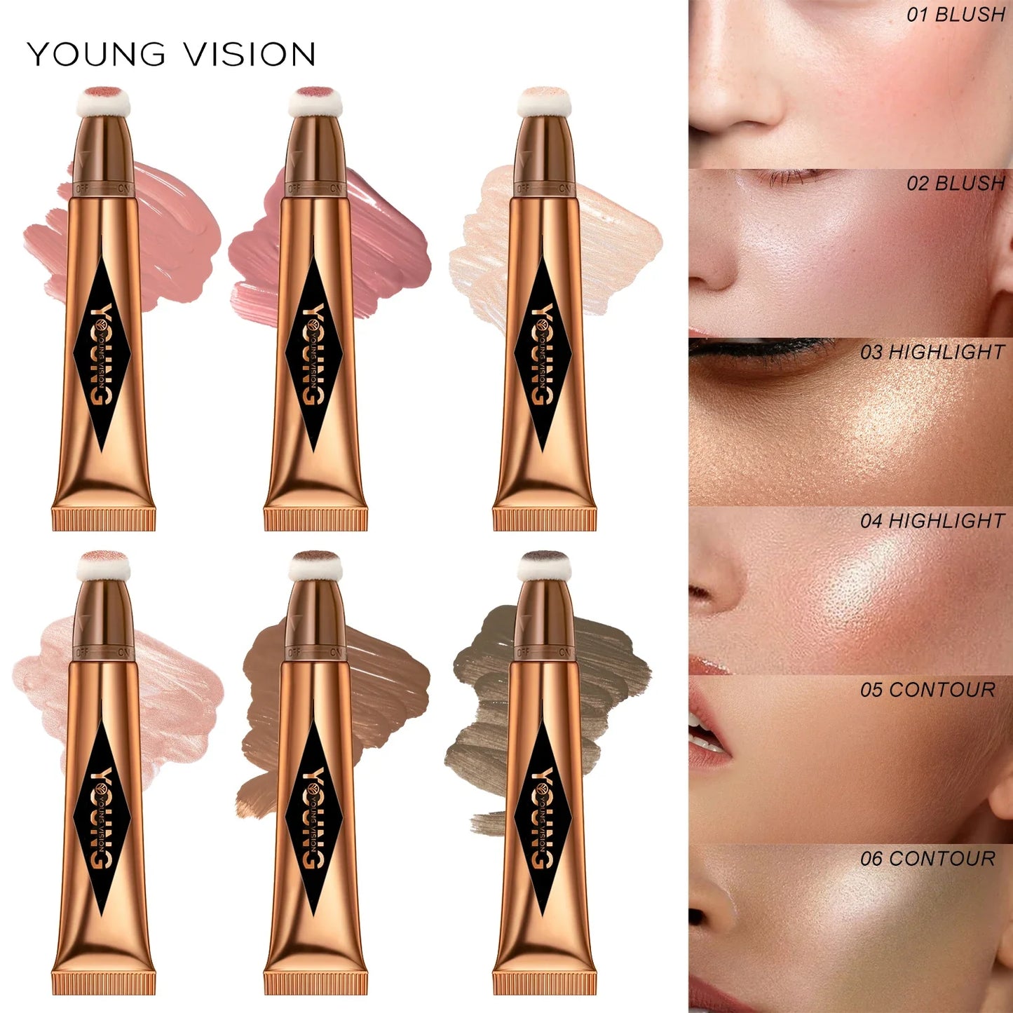 YOUNG VISION Air Cushion Powder Blusher – High Gloss Stick, 6 Color Options for Liquid Rouge Makeup