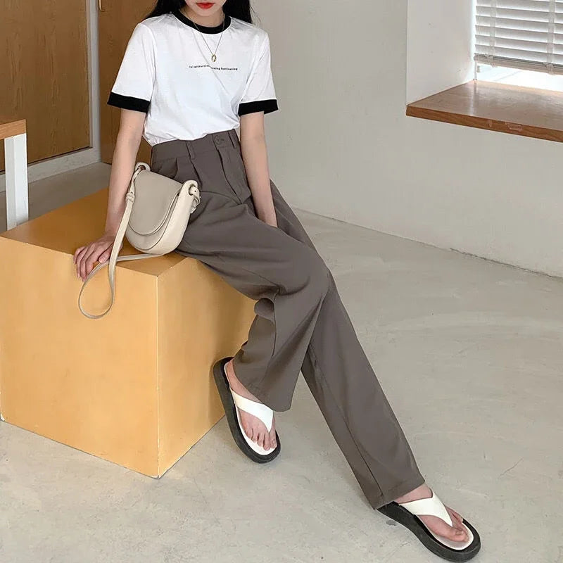 High Waist Women’s Suit Pants – Straight Office Trousers, Casual Button Loose Black Pants for Fall 2024