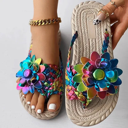 Women's Braided Floral Flip Flops - Flat Open-Toe Vacation Sandals
