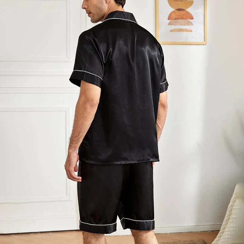 Men’s Satin Pajama Set – Summer Short Sleeve Button-Down Shirt & Shorts, 2-Piece Sleepwear Home Clothes