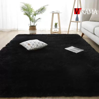 VIKAMA Black Plush Shag Area Rug – Soft Fluffy Furry Carpet for Bedroom, Living Room & Bedside