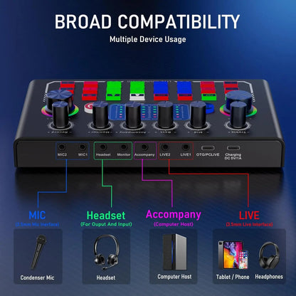 F009 Live Sound Card Broadcast Kit - Bluetooth DJ Audio Mixer with Microphone Set for Smartphone Live Streaming & Recording