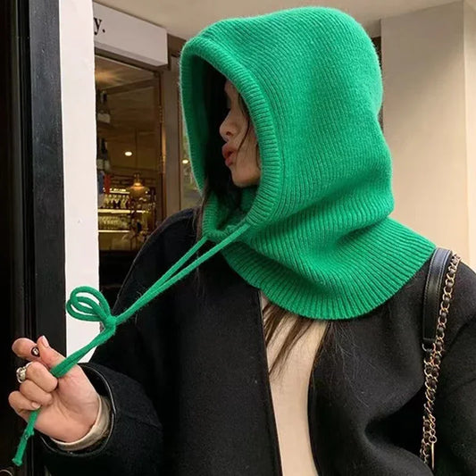 Knitted Hooded Balaclava Hats for Women – Korean Style Winter Outdoor Warmer, Drawstring Neck Collar Beanie Cap