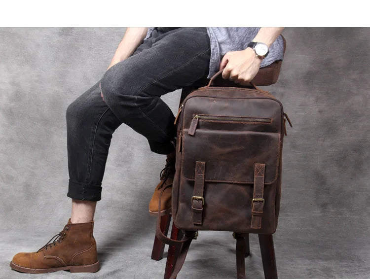 Vintage Crazy Horse Leather Backpack for Men — 17" Laptop Travel Rucksack Cowhide Hiking Bag M815