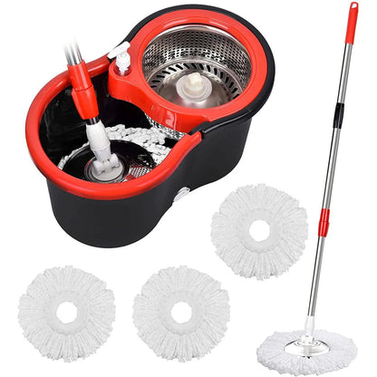 360° Spin Mop Bucket Set – Wring System with 3 Microfiber Heads, Stainless Steel Basket & 61" Extended Handle for Floor Cleaning