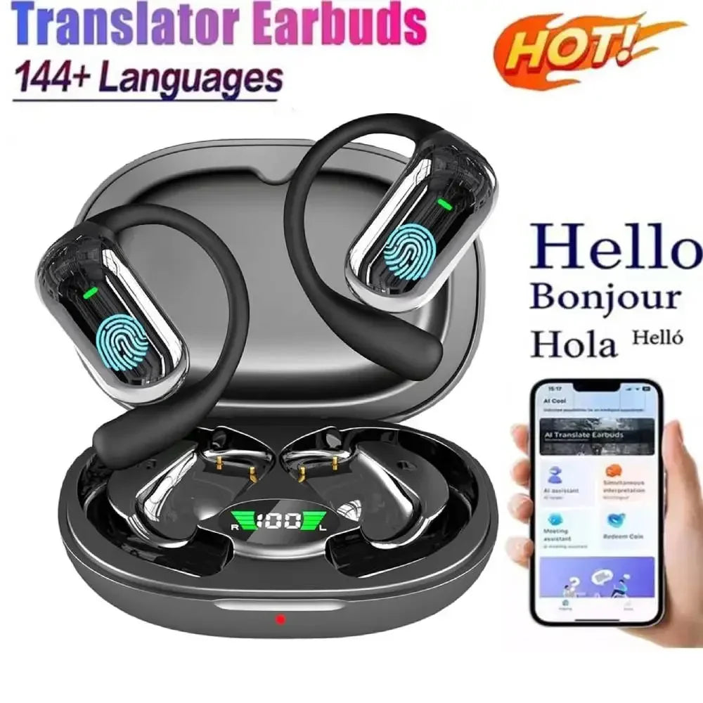Bluetooth 5.3 AI Translation Earbuds - Open Ear Hook Headphones for Running, Fitness & Real-Time Language Learning