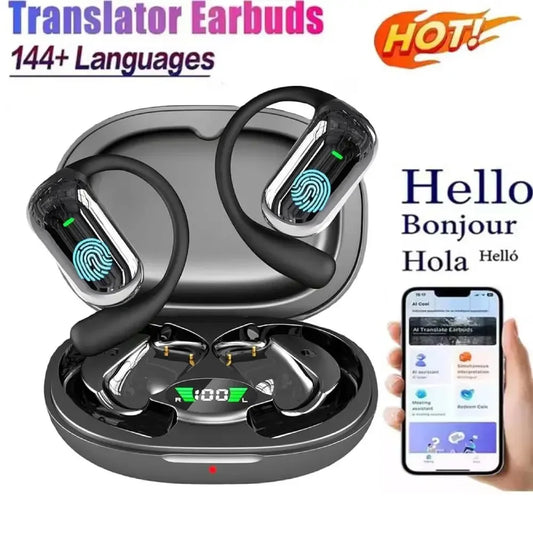Bluetooth 5.3 AI Translation Earbuds - Open Ear Hook Headphones for Running, Fitness & Real-Time Language Learning