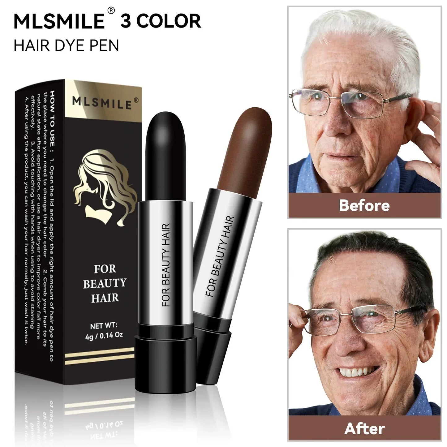 Black & Brown Hair Dye Pen – Temporary One-Time Hair Coloring Stick, Covers Grey & White Hair, Styling & Makeup Tool