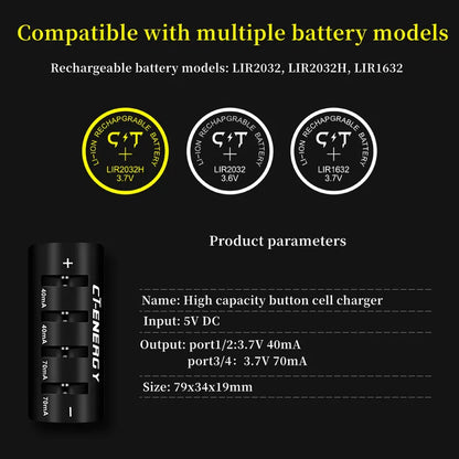 LIR2032H, LIR2032, LIR2025, LIR1632 Lithium Battery Charger – 4-Slot USB Quick Charger for 3.6V/3.7V Batteries
