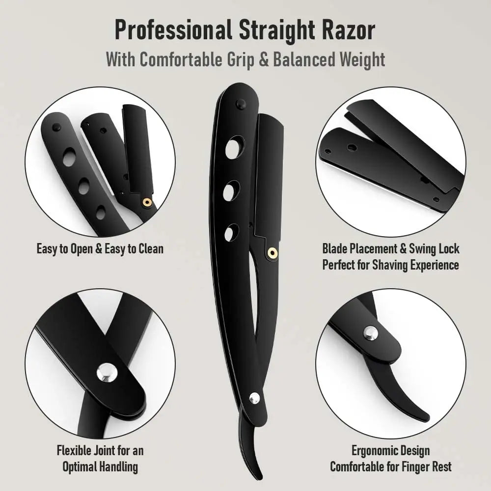 1 Holder + 10/20 Blades Straight Folding Shaver — Men's Manual Razor with Sharp Barber Blade