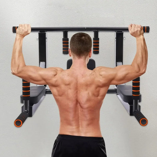 Multi-Grip Wall Mount Pull-Up Bar & Dip Station – Heavy-Duty Home Gym Fitness Equipment
