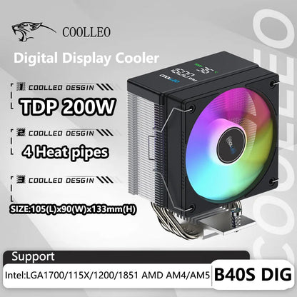 COOLLEO B40S DIG CPU Air Cooler with Intelligent Temperature Display – 4 Heat Pipes 200W TDP Radiator for Intel LGA1700/115X & AMD AM4/AM5