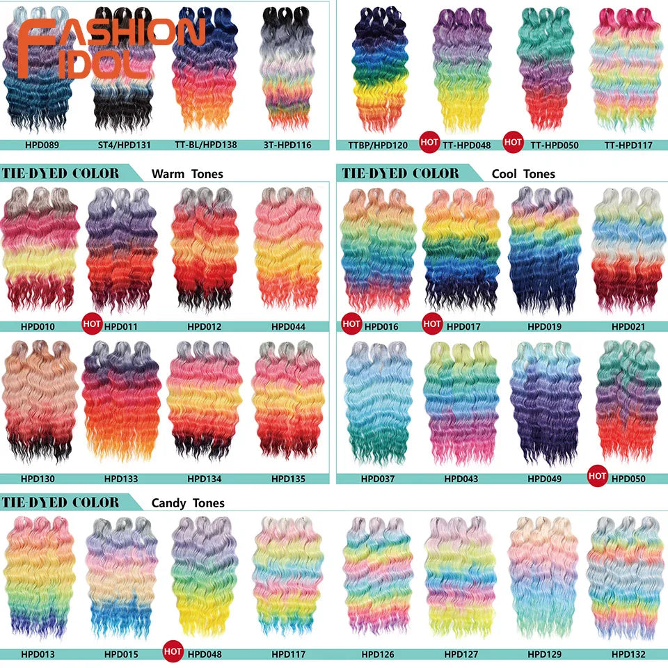 FASHION IDOL 24" Deep Wave Crochet Hair - 3-Piece Synthetic Water Wave Braiding Extensions, Ombre Rainbow Twist Hair