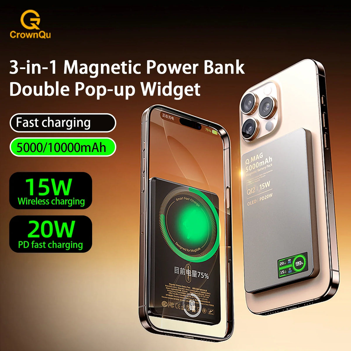 Qi 2.1 Magnetic Wireless Power Bank – 5000/10000mAh Fast Charging Portable External Battery for iPhone 12–17 Pro, Apple Watch & AirPods