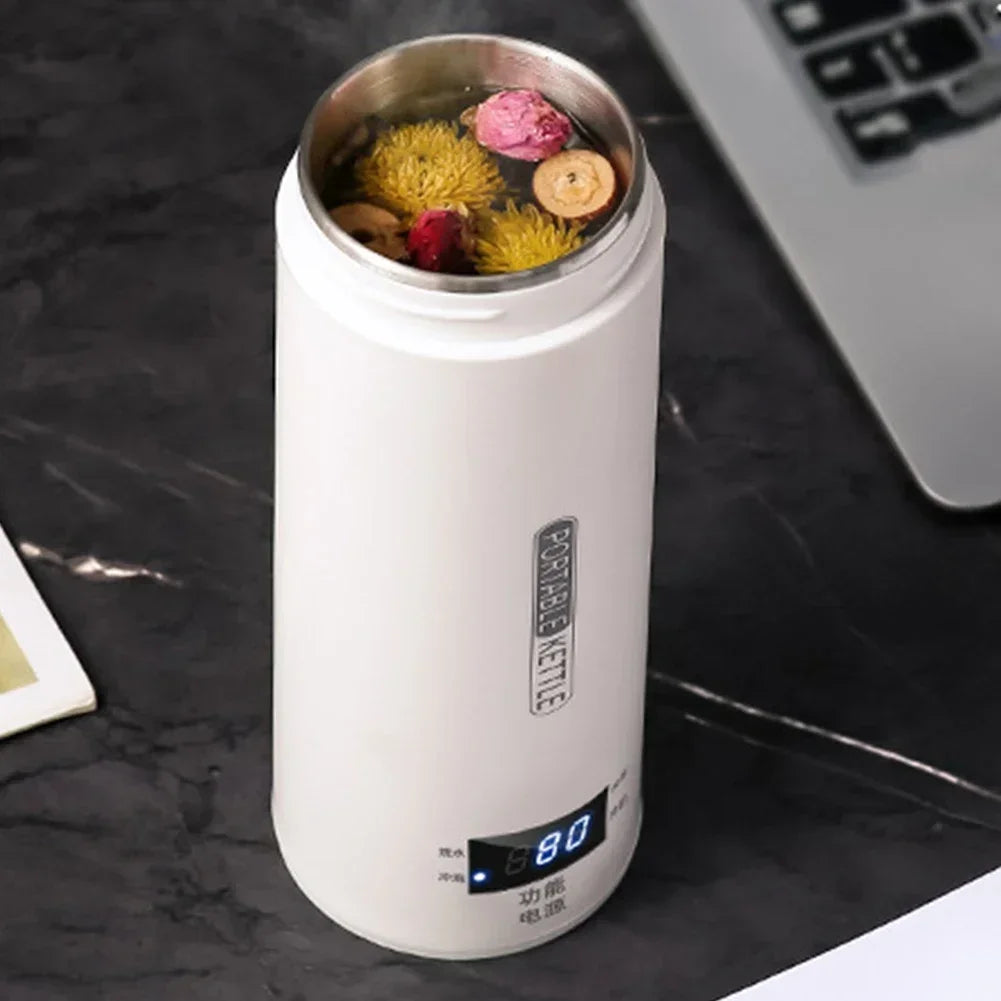 500ML Portable Electric Kettle — Travel Tea & Coffee Boiler Thermal Cup with Anti-Scald Design and English Menu