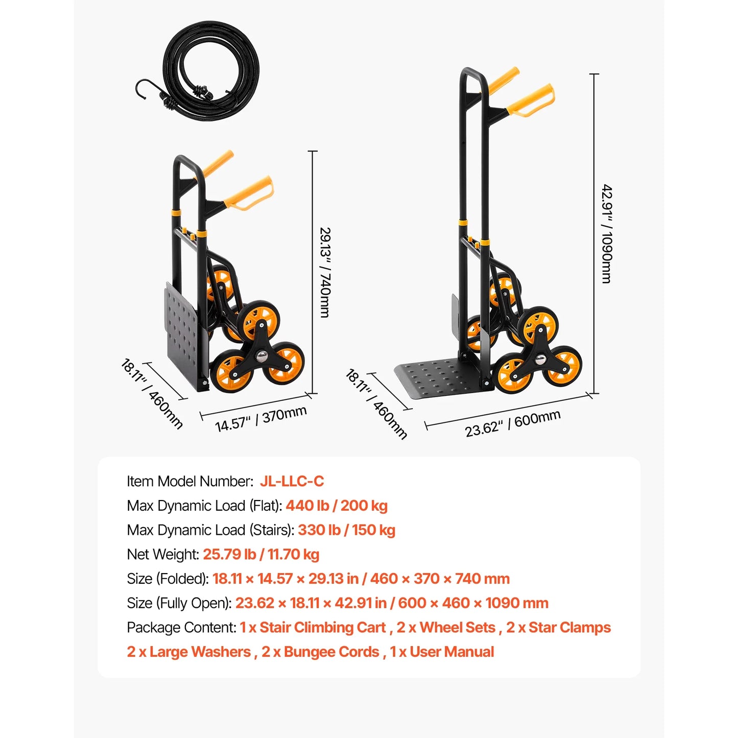 Stair Climbing Cart - Folding 6-Wheel Grocery Trolley with Telescoping Handle & Bungee Cords