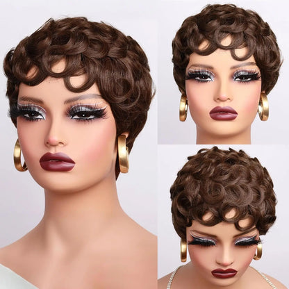 Short Layered Pixie Curly Human Hair Wig with Bangs – Glueless Full Machine Made Natural Look (4# 99J Color)