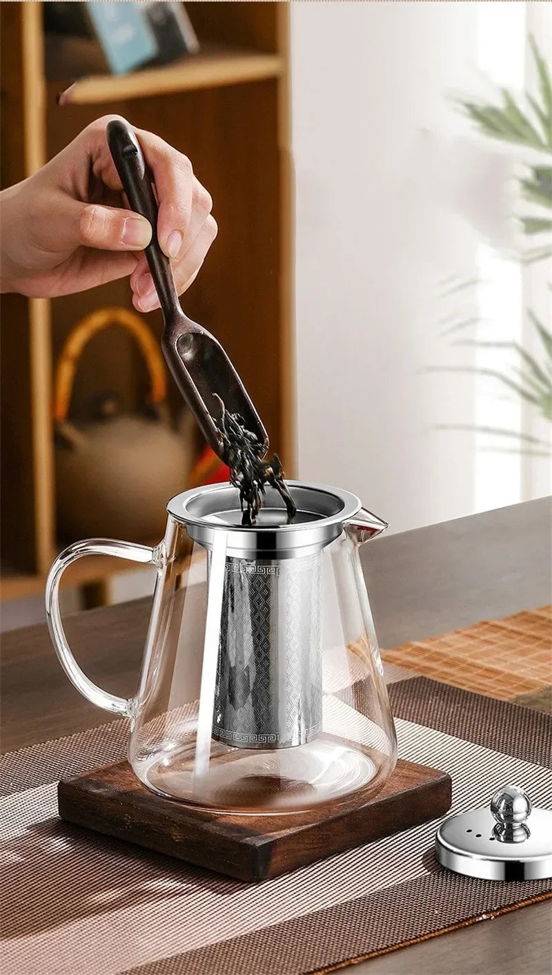 450ml-950ml Heat-Resistant Glass Teapot – Stainless Steel Tea Strainer Infuser, Flower Kettle for Kung Fu Teaware, Puer & Oolong Tea