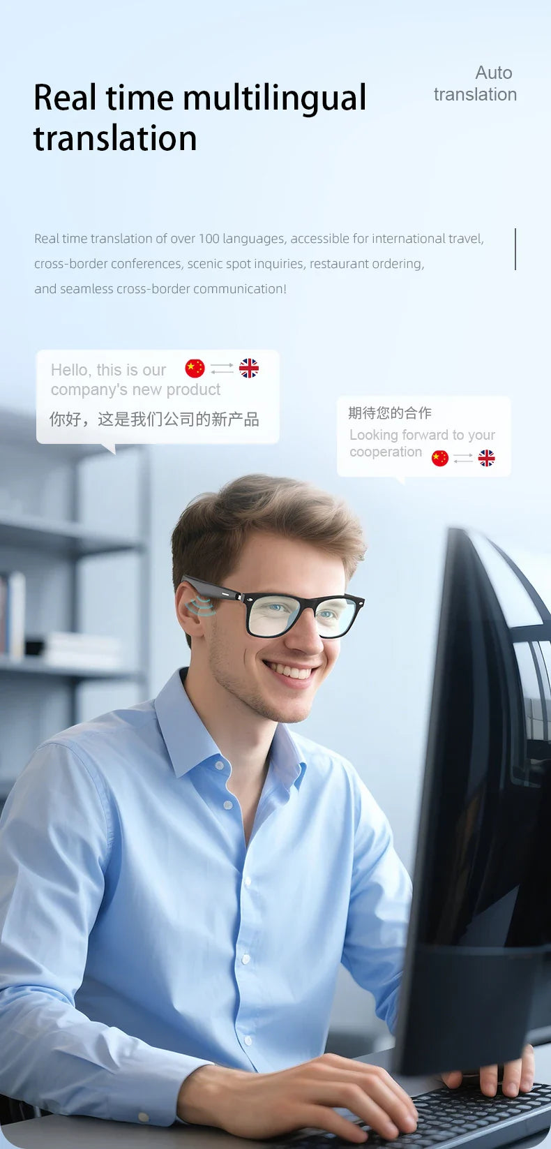 2025 AI Translation Smart Glasses – Bluetooth Call Headphones with UV Protective Lenses for Outdoor Sports