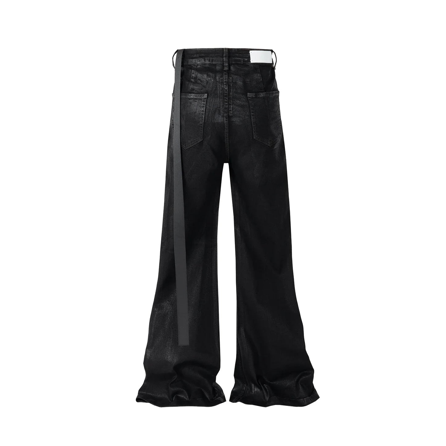 Men’s Streetwear Black Wax Leather Stretch Jeans — Baggy Y2K Flare Oversized Straight Denim Trousers