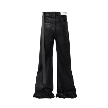 Men’s Streetwear Black Wax Leather Stretch Jeans — Baggy Y2K Flare Oversized Straight Denim Trousers