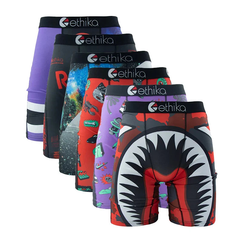 ETHIKA 6-Pack Men’s Boxer Briefs – Breathable Printed Underwear Trunks, Sexy Swim Underpants, Plus Size S–3XL Comfortable Boxers for Men