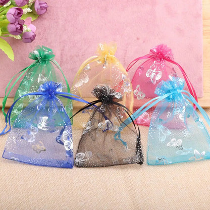 25/50pcs Butterfly Organza Gift Bags - 12 Colors, 7x9cm, 9x12cm, 13x18cm, Jewelry and Candy Packaging Drawstring Pouches