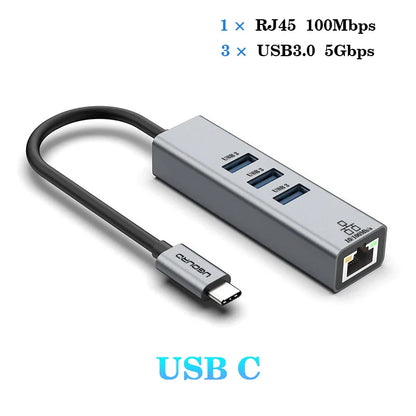 USB-C Hub Docking Station – Type C to RJ45 1000Mbps Ethernet Adapter, USB 3.0 Hub, 100W Charging Dock