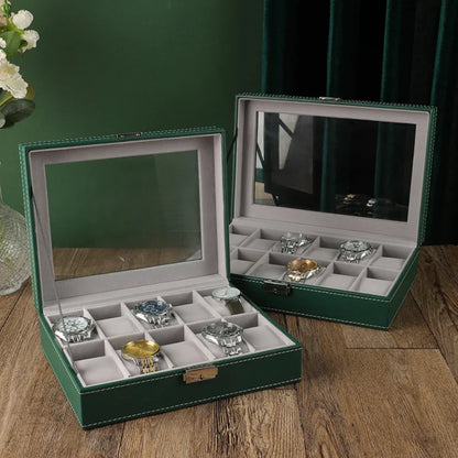 Handmade Wood Watch Box — 6/10/12 Grid Display Case & Jewelry Holder, Organizer for Watches Storage