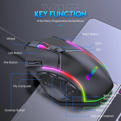12800DPI RGB Gaming Mouse – Free Weight Macro with 12 Programmable Keys, 6-Level RGB Light for PC, Mac, PUBG, Laptop