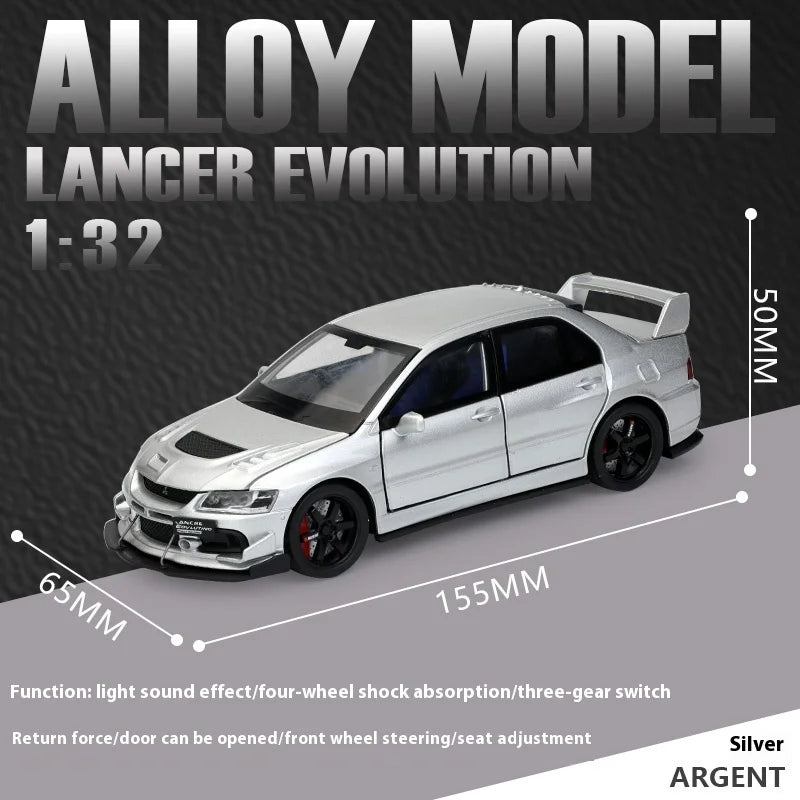 JDM 1:32 Mitsubishi Lancer Evolution IX — Diecast Metal Alloy Racing Car Model with Sound & Light, Right Rudder Gift