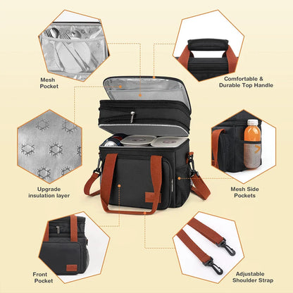 Expandable 17L Insulated Double-Decker Lunch Bag – Leakproof Cooler Tote with Side Pocket for Work, Picnic, Camping & Travel