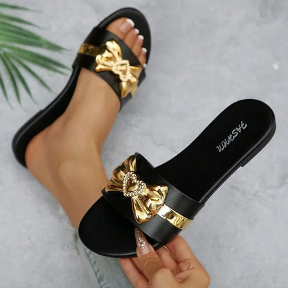 Women’s Bow Buckle Flat Sandals - Fashionable Solid Color Round-Toe Slippers