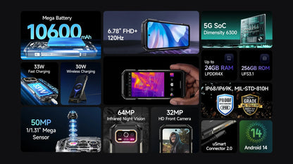 Ulefone Armor 27T Pro 5G Rugged Phone - 10600mAh, Android 14, 50MP+64MP Night Camera, 6.78" Display, 24GB+256GB, NFC