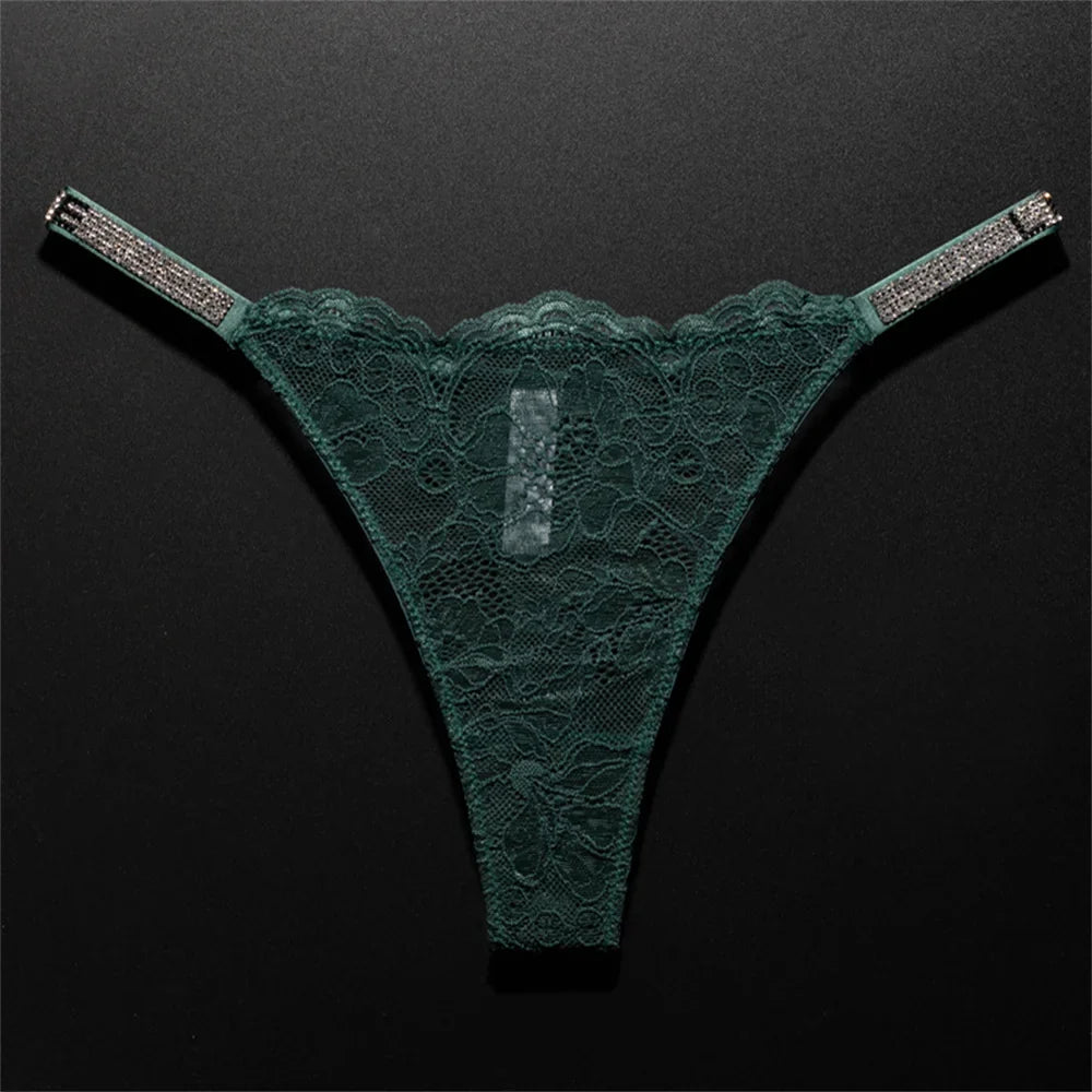 Women's Crystal Lace Thong - Sheer Transparent Breathable T-Back Lingerie Plus Size S-XL