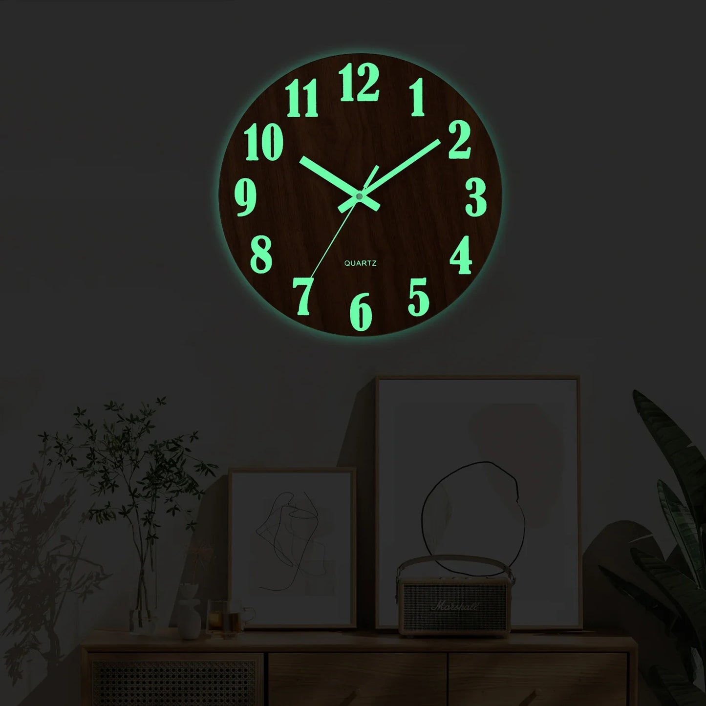 12-Inch Luminous Wall Clock — Nordic Wooden Silent Clock with Night Light, Non-Ticking Design for Dark Room