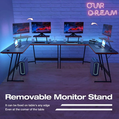 PC Gaming Desk with Large Monitor Riser – L-Shaped Corner Desk, Sturdy Writing Workstation for Office & Computer