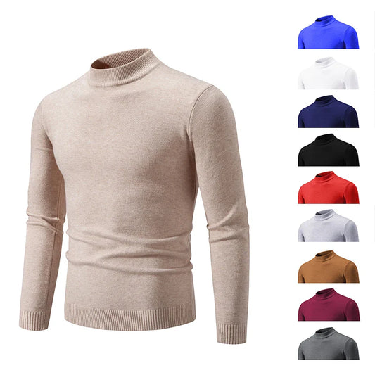 Autumn Men's Half High Neck Sweater - Basic Solid Color Slim Fit, Versatile Casual Knitwear with Elastic Round Neck Design