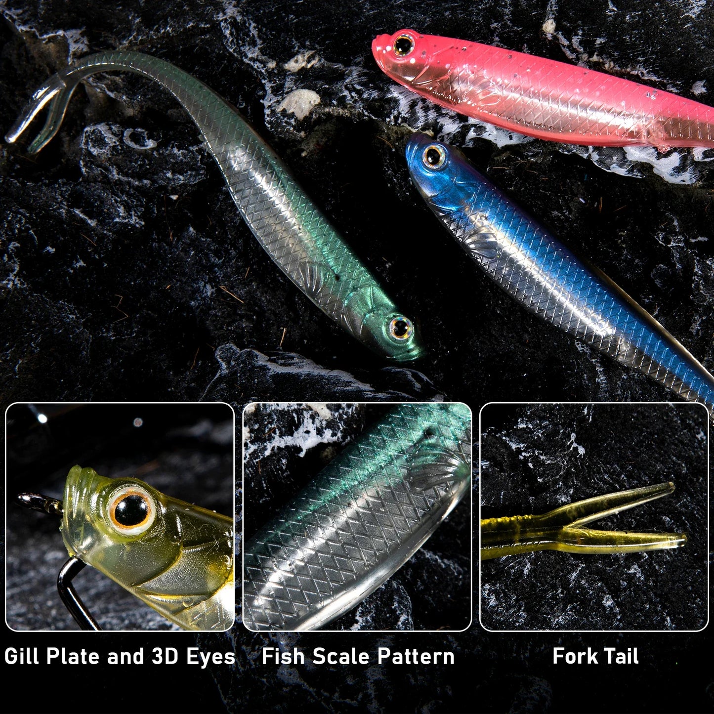Dr.Fish 5/6pcs Soft Fishing Lures — Saltwater Silicone Fork Tail Drop Shot Baits for Bass, Trout, Pike, Walleye, Weedless