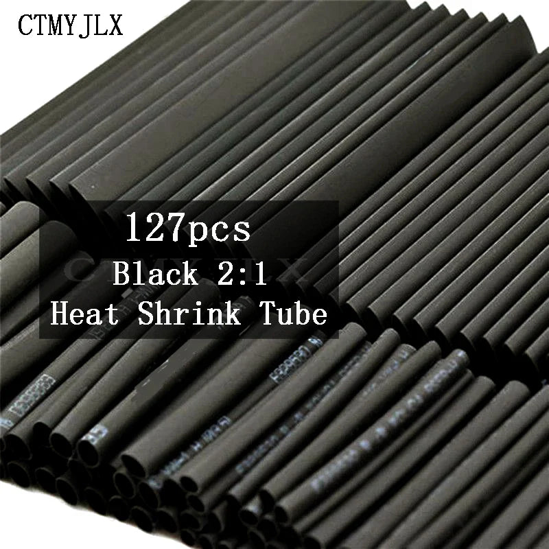 127PCS Thermoresistant Black Heat Shrink Tubing Kit - 2:1 Polyolefin Sleeving for Wire & Cable Protection