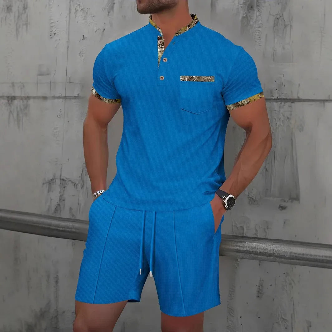 2025 Men's Summer Waffle Knit Short Set – Solid Color Zip-Up Lapel Shirt & Shorts | European & US Style
