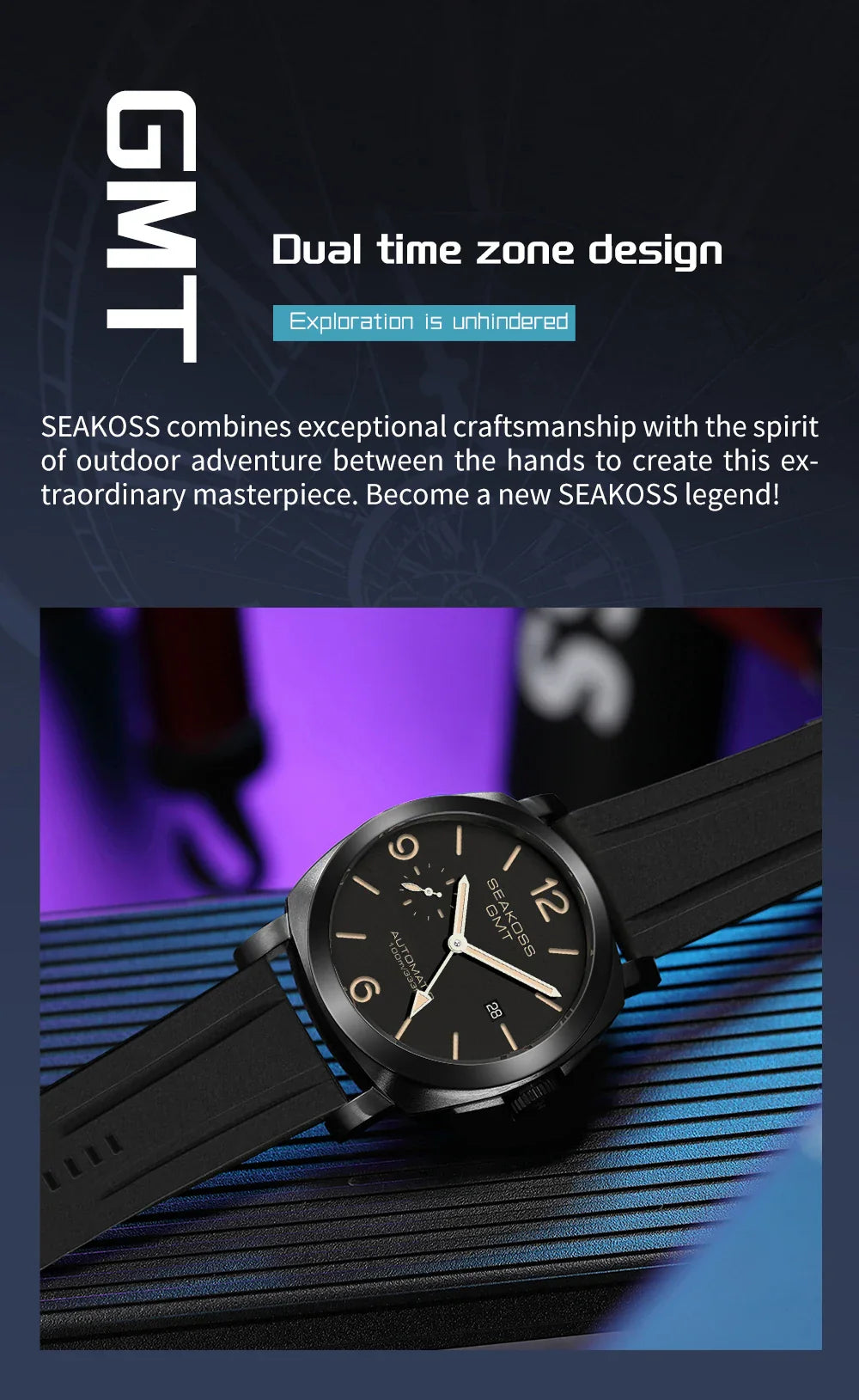 SEAKOSS GMT Men’s Diving Automatic Mechanical Watch — 10ATM Waterproof, 1963 Original 2557 Movement, Calendar, Sapphire Crystal