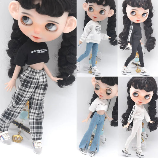 Blythe Doll Clothes – Fashion Tops, Black & White Shirts with Jeans & Plaid Pants for Azone OB22/OB24 Dolls