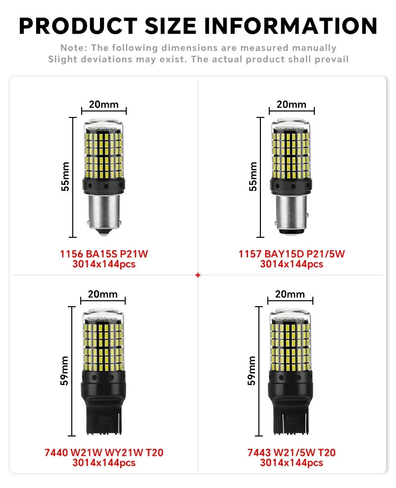 YiRui 2PCS 12-48V LED Bulbs - 144SMD Bright Reverse & Turn Signal Lights for BA15S, 7440, 1157 & P21W Sockets