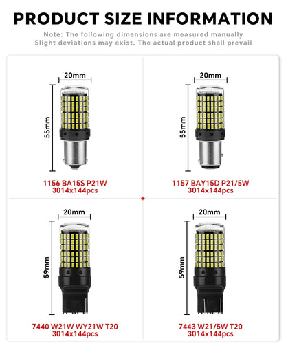 YiRui 2PCS 12-48V LED Bulbs - 144SMD Bright Reverse & Turn Signal Lights for BA15S, 7440, 1157 & P21W Sockets