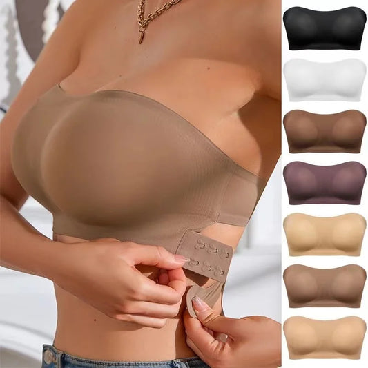 Strapless Bra with Side Clasps – Nylon Knit Fabric, Removable Padding & Crisscross Strap Details