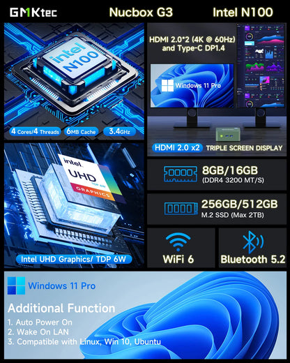 GMKtec G3 Mini PC – Intel Alder Lake N100, Windows 11 Pro, 8/16GB RAM, 256/512GB SSD, WiFi 6 & BT5.2 Desktop Computer
